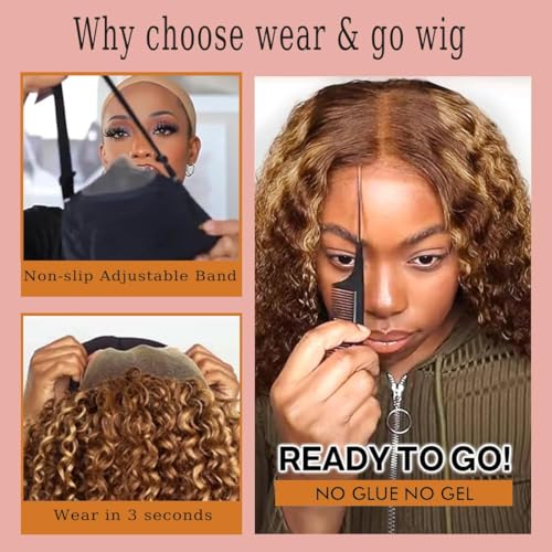 Highlight Deep Wave 5x5 HD Lace Closure Wigs Human Hair Glueless P4/27 Ombre Lace Closure Wig for Black Women 180 Density Honey Blonde Closure Wigs Pre Plucked 28 Inch