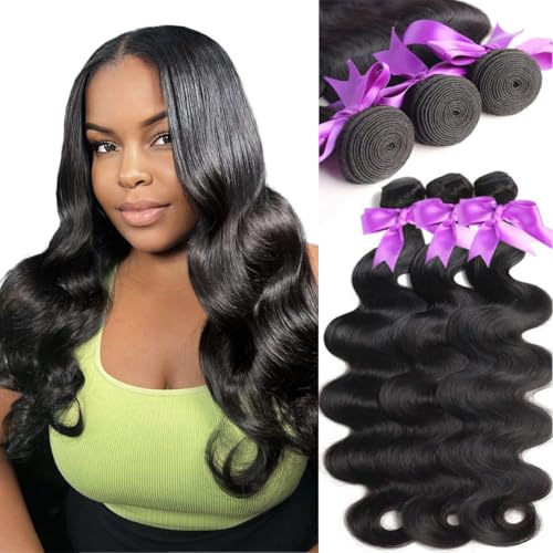 20 22 24 Inch Real Human Hair Bundles Body Wave 3 Bundles Unprocessed Natural Black Remy Body Wave Brazilian Virgin Cambodian Hair Wavy, 1b, No Tangle No Shedding, True to Length