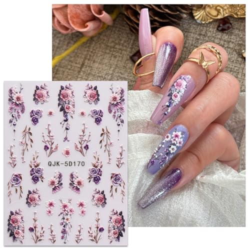 JMEOWIO 3D Embossed Flower Nail Art Stickers Decals Self-Adhesive 5D Spring Summer Floral Nail Supplies Nail Art Design Decoration Accessories 4 Sheets