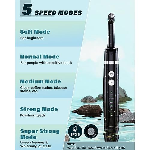 Tooth Polisher, Rechargeable Tooth Whitening Kit for Teeth Cleaning and Whitening, with 3 Tooth Polish Paste and 5 Brush Heads, LED Light, Easy to Use at-Home Personal Dental Care Kit (Black)