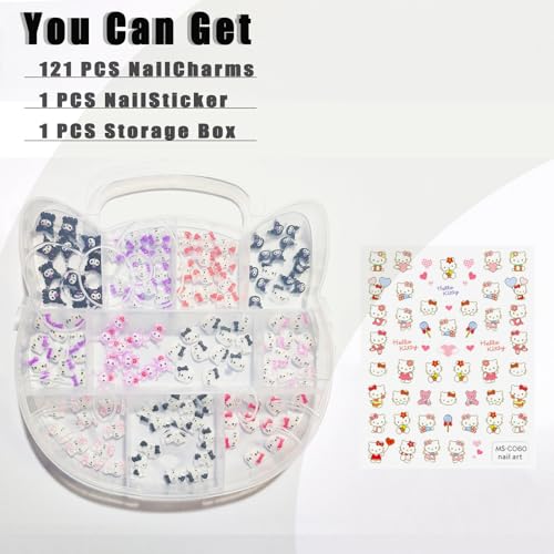 121 PCS Kitty Nail Charms Nail Art Stickers-Kawaii Nail Charms Nail Decorations for Nail Art Supplies 3D Flatback Resin Charms