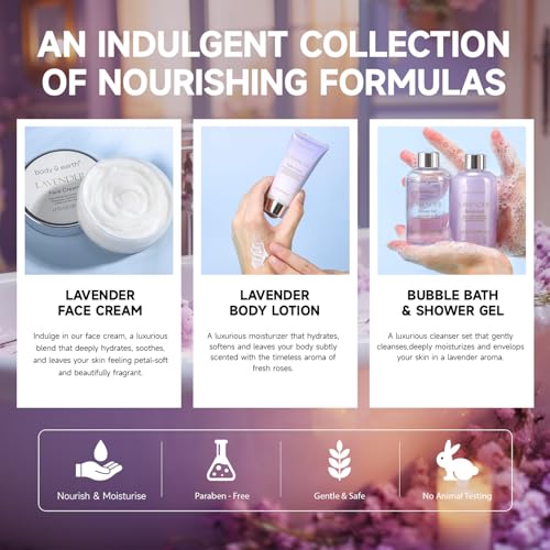 BODY & EARTH Bath and Body Gift Set - Luxurious 6 Pcs Bath Kit for Women, Relaxing Spa Set with Lavender Scent, Perfect Birthday Gift Set for Women Includes Bubble Bath, Shower Gel, Body Lotion