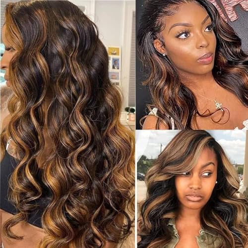 32Inch 13x6 Highlight Body Wave Lace Front Wig Human Hair Pre Plucked 180% Density 1B/30 Ombre Frontal Wigs Brazilian Virgin Human Hair Wigs for Women Pre Plucked with Baby Hair