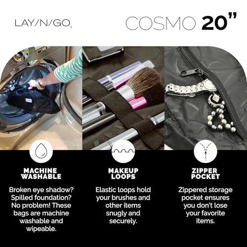 Lay-n-Go Cosmo Drawstring Cosmetic & Makeup Bag Organizer - Portable Drawstring Makeup Bag w/Zipper Pocket, Makeup Loops & More - Durable, Machine Washable Toiletry Bag (20", Comfort/White)