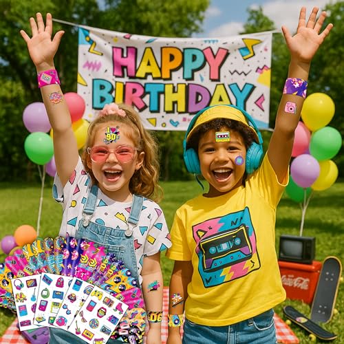 72PCS 80s, 90s Party Set - 48PCS Temporary Tattoos & 24PCS Slap Bracelets - Retro-Themed Birthday Supplies, Baby Shower Gifts, Classroom Rewards & Party Decor for Kids (Boys & Girls)