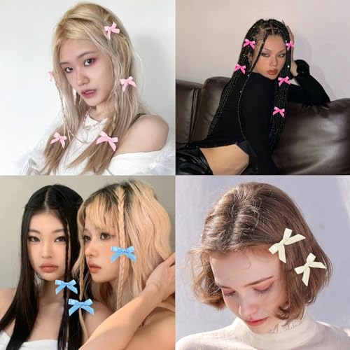 50Pcs Mini Hair Bows Clips for Women Girls Black Blue Hair Ribbon Clips Small Bowknot Barrettes White Pink Satin Cute Bow Hair Clip Metal Y2k Hair Accessories for Braids Teens Toddlers