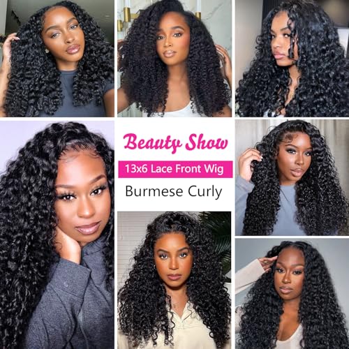 13x6 Jet Black Burmese Curly Lace Front Wigs Human Hair Full Head Lace Frontal Wigs 250 Density Brazilian Full Lace Wigs Preplucked With Baby Hair 250 Density(26 inch)