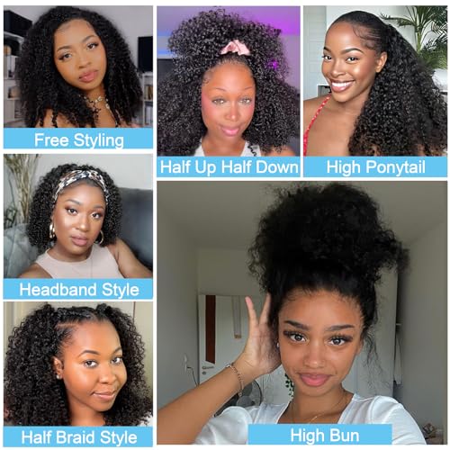 Kinky Curly Half Wigs 100% Human Hair 180 Density 3 In 1 Seamless Flip Over Half Wigs Kinky Burmese Curly Deep Water Wave Glueless Wear and Go Wig Drawstring Headband Ponytail Wig for Women 20 Inch