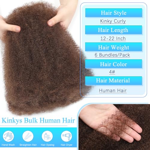 Afro Kinkys Bulk Human Hair for Dreadlocks Extensions Repair Locs, Twist Braiding Afro Kinky Human Hair for Locs 22 Inch 6 Bundles 120 Gram 4#