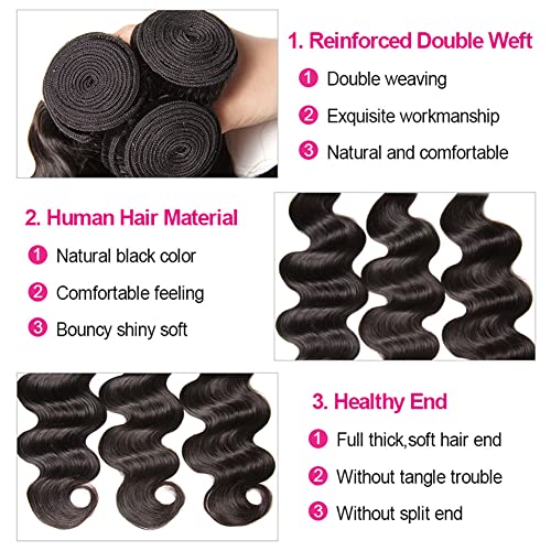 Human Hair Bundles with Closure (22 24 26+20£¬Free Part) Body Wave Bundles with Lace Closure Brazilian Human Hair Weave Virgin Hair Weft 150% Density Natural Color for Black Women
