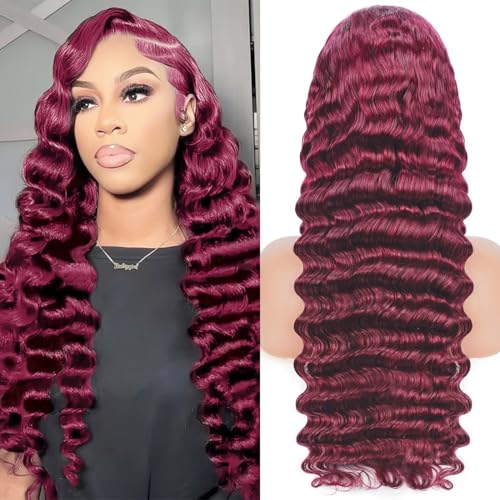 Burgundy Wig Human Hair Wigs for Black Women13x4 Deep Wave Lace Front Wigs Pre Plucked 200% Density 99j Loose Deep Wave Wigs Red Wine Virgin Glueless Wig22 Inch