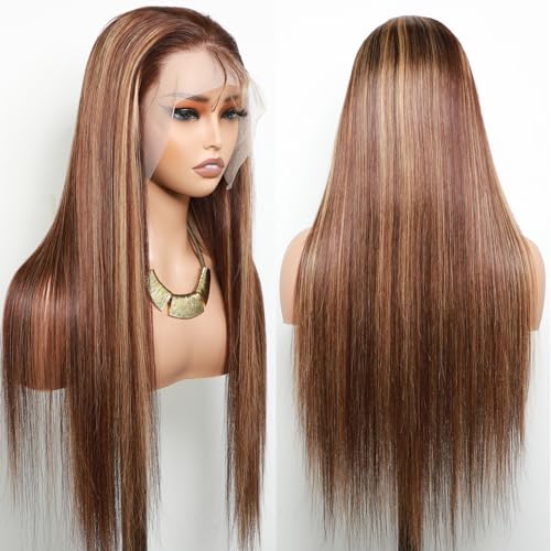 VIPbeauty 30 inch 4/27 Honey Blonde Lace Front Wig Human Hair 13x4 HD Transparent Lace Front Wigs Highlight Ombre Lace Front Wig Straight Lace Front Wigs 180% Density Pre Plucked with Baby Hair