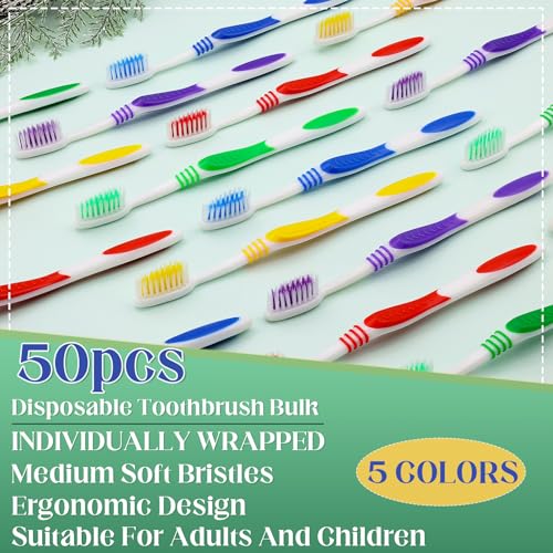 50 Pcs Toothbrush Bulk Disposable, Travel Toothbrushes Pack, Soft Bristle Individually Wrapped and Good Cleaning for Kids, Adult and The Elderly. Suitable for Hotel, Travel, Home, Donated