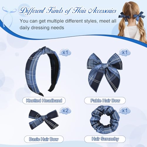 DEEKA School Uniform Plaid Hair Bows & Knotted Plaid Headband & Scrunchies Fable Hair Bow Set Alligator Clips for Toddler Girls Hair Accessories for Little School Girls (Navy Blue)