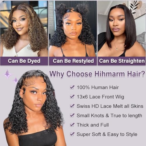 Curly Human Hair Wig 13x6 HD Lace Water Wave Frontal Wigs Human Hair Pre Plucked Wear And Go Deep Wave Frontal Glueless Wig for Black Women 180 Density Curly Wig Natural Black 18 Inch