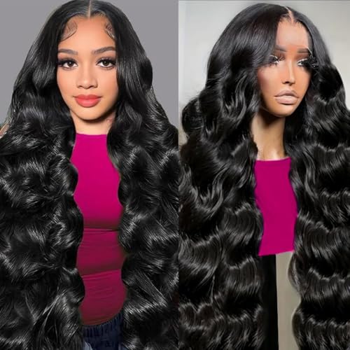 28 Inch 13x6 Lace Front Wigs Human Hair 200% Density Body Wave HD Lace Front Wigs Human Hair Pre Plucked Glueless 13x6 Full Frontal Wig for Women Natural Black