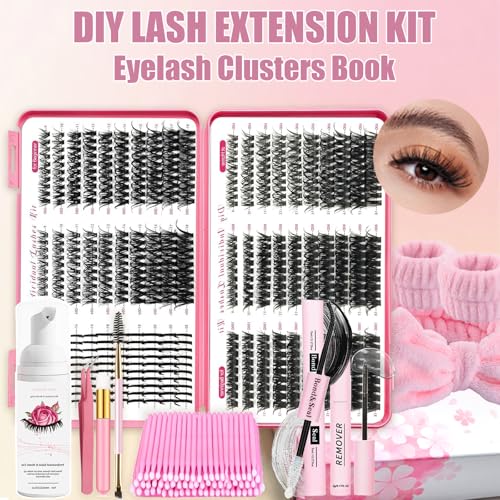 580PCS DIY Lash Clusters Kit with Lash Spikes Eyelash Clusters D Cluster Eyelash Extensions Lash Bond and Seal Glue Remover Tweezers Eyelash Shampoo Cleansing Brush Headband Wristband