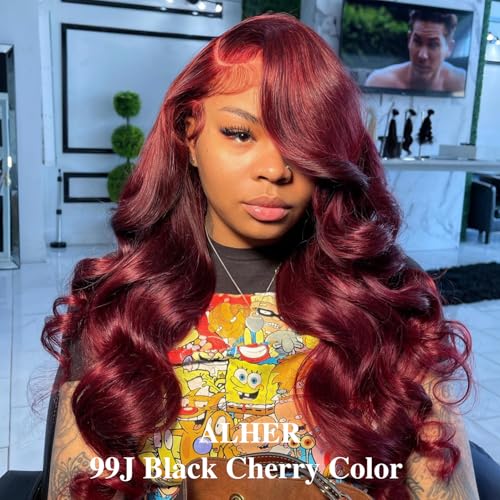 ALHER 99j Dark Burgundy Bundles Human Hair Body Wave, 12A 100% Unprocessed Virgin Remy Human Hair for Black Women Soft Thick Sew In Weave Wavy Wine Red Colored 2 Bundles 20 20 Inch