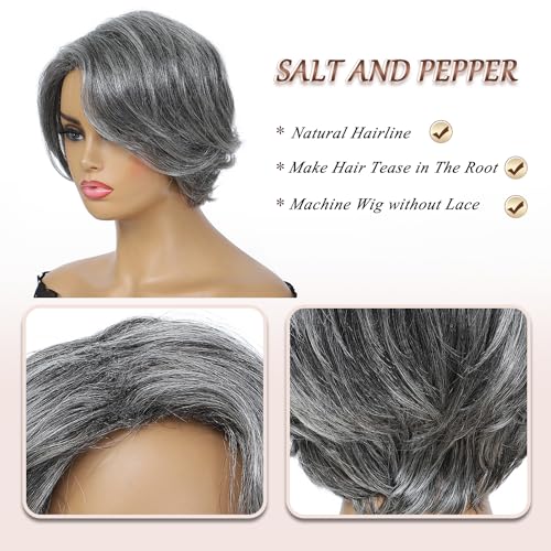 HUA Grey Human Hair Pixie Cut Wigs for Black Women - Mixed 8 Inch Short Salt and Pepper Straight Layered Grey Wigs with Natural Wave