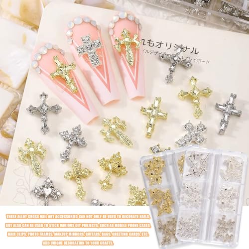 3D Cross Nail Charms for Nail Art, 60 Pcs Metal Crystal Cross Nail Decorations, Alloy Nail Studs and Rhinestones for Women Girl DIY Jewelry Crafts Supplies (Gold)