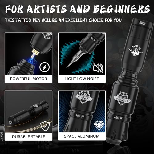 Tattoo Gun Kit for Beginners Complete Set, Rotary Wireless Tattoo Pen Kit, Complete Tattoo Supplies Set for Beginners, with 1300 mAH Power Supply, 10Pcs Catridges Needles (Battery-I-45Pcs)