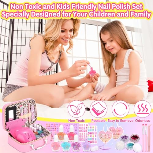 Kids Nail Polish with Press on Nails Set for Girls, Non-Toxic Nail Art Kit with Portable Dryer and Unicorn Case, Cute Stuff Gift Toys for Girls Age 8 -12