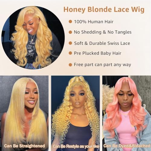 24 Inch Honey Blonde Wig Human Hair 200 Density 13x6 Blonde Wig Human Hair Body Wave Lace Front Wigs Human Hair Pre Plucked Colored 27# Lace Frontal Wigs for Women