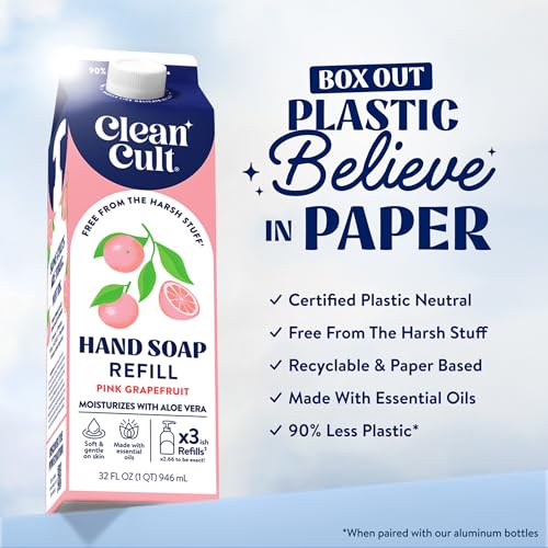 Cleancult Liquid Hand Soap Refill - Pink Grapefruit- Moisturizes Dry & Sensitive Skin - Made with Aloe Vera & Essential Oils - Eco Friendly - Paper-Based Packaging - 32 oz/3 Pack