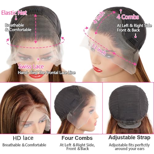 SIFULAN Highlight Ombre 13x4 Lace Front Wig Human Hair 180% Density 4/27 Highlight Wigs Human Hair 32 inch Glueless Wig Honey Blonde Body Wave HD Transparent Lace Front Wig Highlight Colored Wigs