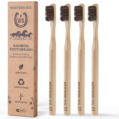 Western SOL Horse Bristle Bamboo Toothbrushes (4-Pack) ? Luxury Toothbrush - Plastic-Free, Biodegradable, Eco-Friendly ? No Chemicals