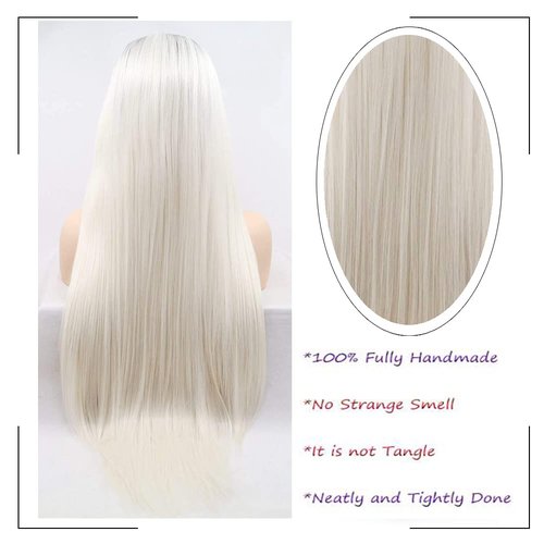 Angle Lucky Long Straight Platinum Blonde Lace Front Wig Synthetic Omber Blonde with Black Root Middle Part Wig Heat Resistant Fibre Realistic Hairline Daily Wigs for Women 24 Inch