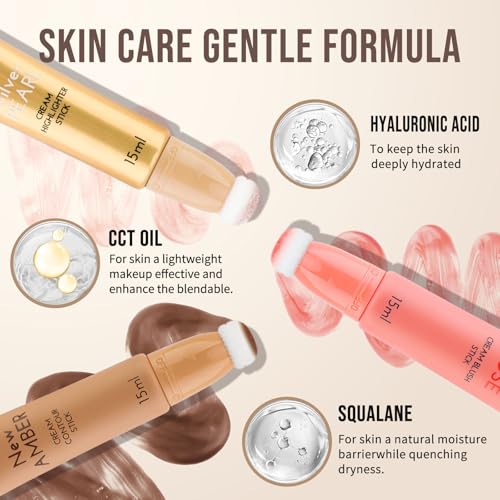 Color Nymph Liquid Makeup Wand Combo, Hydrating Brown Contour Stick Glow Liquid Highlighter Pigmented Blush For Cheeks Fine Texture Natural Blend Long Lasting (Brown Contour+Blush+Highlighter)