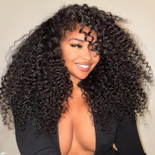 Larhali Kinky Curly Half Wig Human Hair 180% Density Wear And Go Glueless Wigs Human Hair 18 Inch Curly 3 In 1 Half Wigs for Women Drawstring Seamless Flip Headband Wig Beginner Friendly