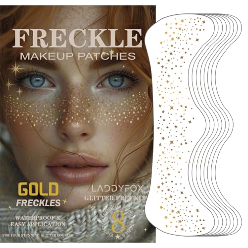 8 Pcs Gold Face Makeup Patches, Gold Glitter Freckles Face Tattoo, Glitter Freckles, Sparkle Makeup Patches, Waterproof Face Glitter Speckles Patches for Women