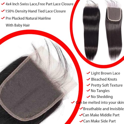 12A Bundles with Closure Human Hair Straight 3 Bundles with Lace Closure 100% Unprocessed Brazilian Human Hair Bundles with Closure Straight Hair Weave Bundles with Closure Human Hair 20 22 24+18