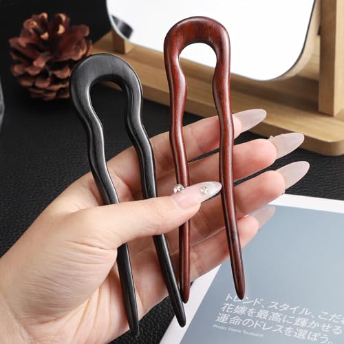 Noverlife 2PCS Wooden U Shaped Hairpins for Long Hair, Handmade French Hair Stick Vintage 2-Prong Wave Hair Forks, Ebony Sandalwood Hair Chopsticks Elegant Chignon Pins for Women Bun Updo Hairstyle