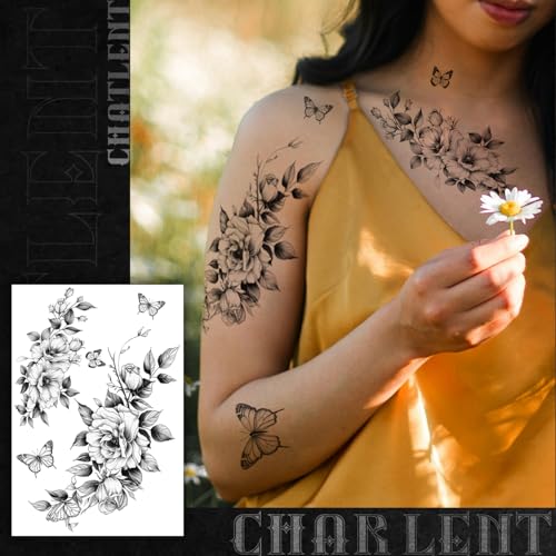 CHARLNET Realistic Flower Temporary Tattoos for Women - 9 Large Sheets Flower Rose Tattoos For Women Body Art Arm Chest Legs Shoulder