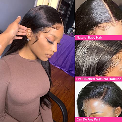 13x6 Lace Front Wigs Human Hair Pre Plucked HD Transparent Straight Lace Front Wig Human Hair Bleached Knots 180% Density for Black Women 28inch