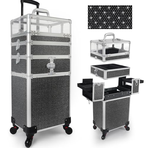 4 in 1 Rolling Makeup Train Case Professional Cosmetic Trolley Cart Travel Nail Cart Organizer with Wheels Transparent Acrylic Panel for Makeup Hair Stylists Nail Tech (Black Crystal)