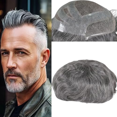Durable Hair System for Men French Lace Front Fine Mono and Skin PU Around Mens Toupee Human Hair Pieces Natural Hairline Hair Replacement for Men 8x10INCH 1B Black with 50% White hair