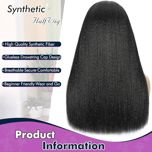 Synthetic Half Wig, 3 In 1 Yaki Straight Wig For Black Women, Seamless Flip Over Half Wigs Glueless Wear and Go Beginner Friendly Black Yaki Straight Drawstring Headband Wig 22 Inch
