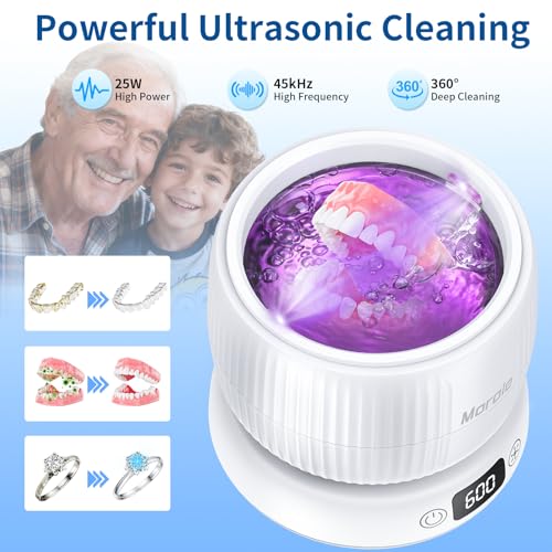 2025 Upgraded Ultrasonic Retainer Cleaner Machine,Separate Retainer Cleaner for Night Guards, Braces, Aligner, Jewelry, 4 Modes Denture Cleaner & Removable Base and Top Cover(White)