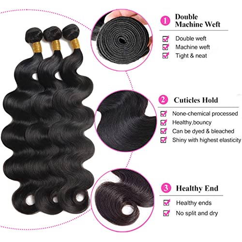Body Wave Brazilian Virgin Bundles - Ocean Wave Natural Black 100% Unprocessed 3 Bundles (10 12 14 Inch) Weave Hair Extensions