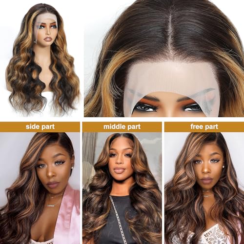 Ombre Highlight Lace Front Wigs Human Hair Colored 1B/30 Honey Blonde Glueless Pre Plucked Wigs Human Hair 13x4 Lace Wigs Human Hair For Women 180% Density 24inch