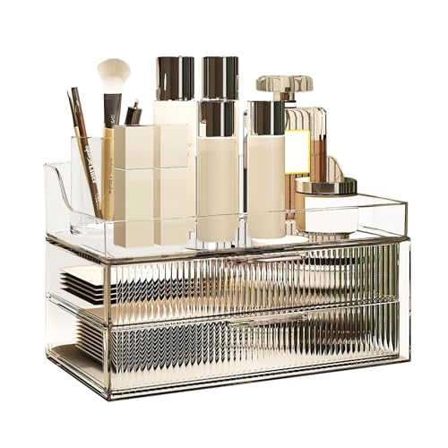 DASITON Clear Dustproof Two layers Storage Box,Makeup Brush Holder,Large Capacity Desktop Storage Box with Drawer,for Beauty Products,Perfume,Jewelry,Nail Polish
