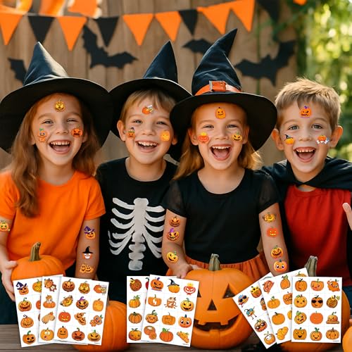 96 PCS Funny Halloween Fall Little Thanksgiving Pumpkin Pre-cut Temporary Tattoos Sticker Autumn Birthday Party Favors Supplies Gifts Boys Girls Baby Shower Cute School Reward Themed