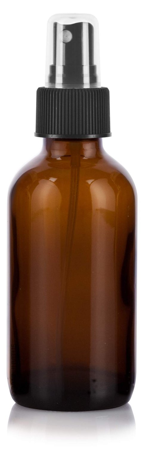 JUVITUS 4 oz Amber Glass Boston Round Bottle with Fine Mist Black Spray (4 pack) + Funnel