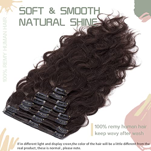 S-noilite Wavy Clip in Hair Extensions Real Human Hair Double Weft Thick 8 PCS Clip in Remy Hairpiece Natural Body Wave Full Head (18 Inch - 140g, Dark Brown)