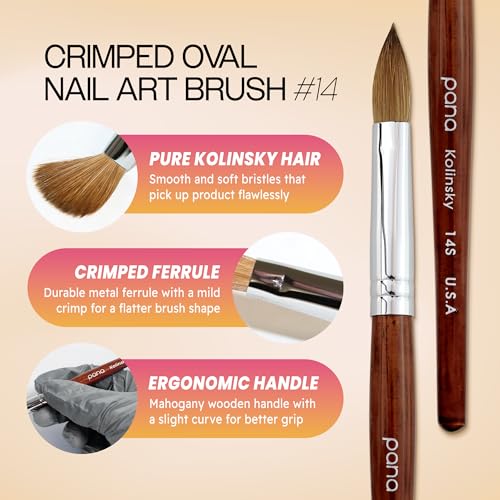 PANA Pure Kolinsky Hair Acrylic Nail Brush - Oval Crimped Shape Silver Ferrule with Mahogany Wood Handle (Size 14)