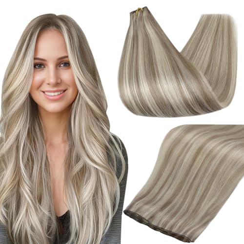 Full Shine Genius Weft Hair Extensions Color Ash Blonde Mix Bleach Blonde Hair Extensions Sew In Hand Tied Weft Extensions Soft Straight Hair For Women 24 Inch 80G